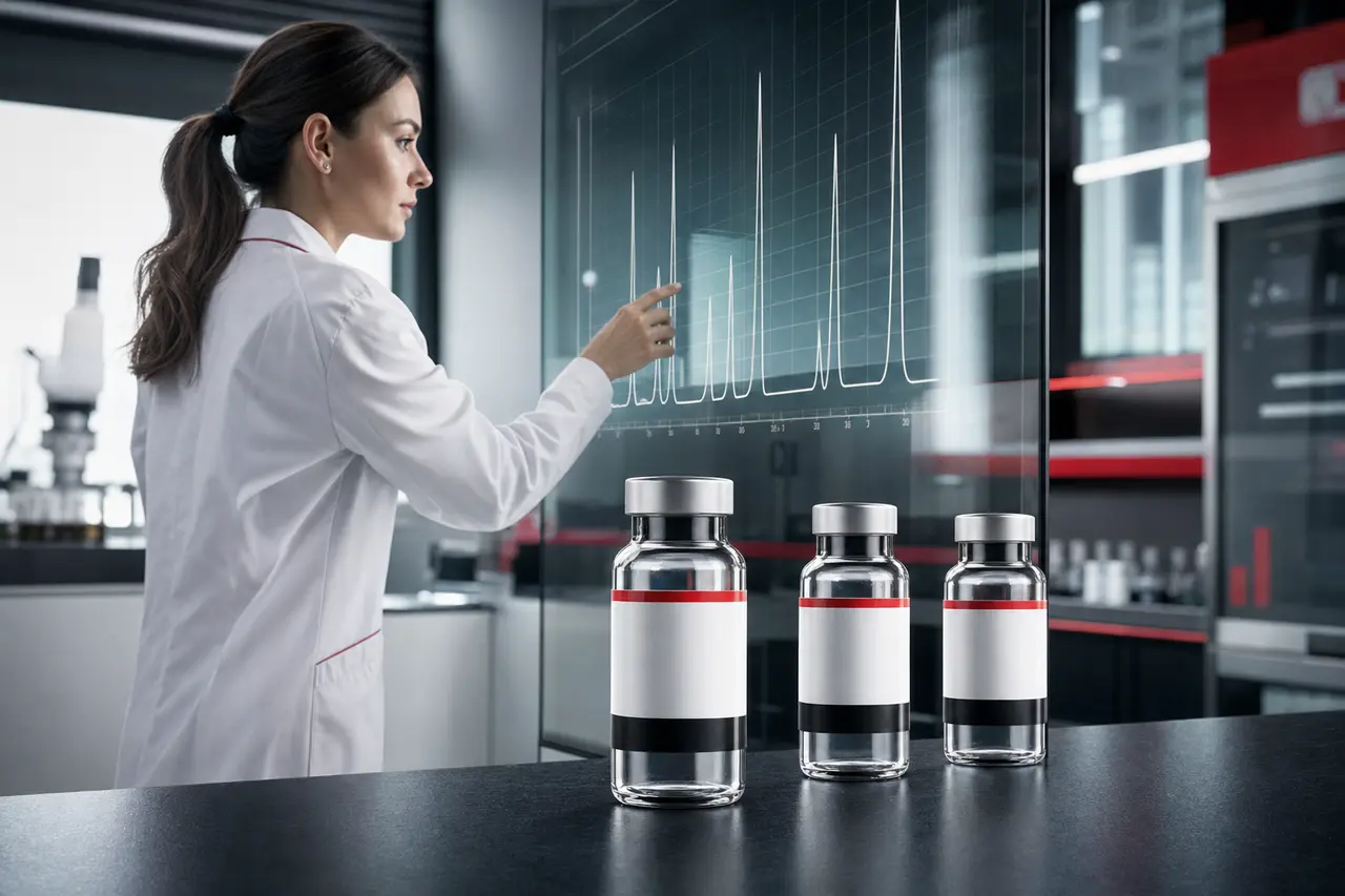 Scientifique analysant des données avec des fioles France-Suisse Biopharma